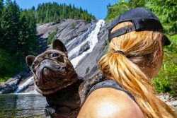 Adventurous athletic female hiker standing at the base of a waterfall with her French Bulldog in a backpack in the Pacific Northwest.