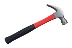 Hammer with a rubberized handle. Hammer and nail puller, two in one. Close-up. Isolated object on white background. Isolate.