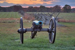 GETTYSBURG, PA - OCT 18: Artillery near a fence line on the morning of Oct 18, 2014 in Gettysburg, Pennsylvania.
