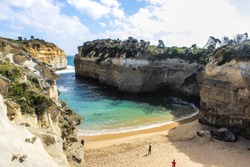 Loch Ard Gorge located Australia's Great Ocean Road is a fascinating part of the world, stuccoed with brash orange beaches,view on top of the cliff with narrow opening.