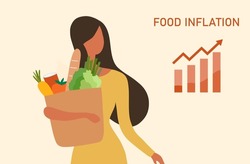 Food inflation and crisis, woman with grocery shopping cart and rising up arrow graph vector illustration. Food inflation, food price increase from economic recession