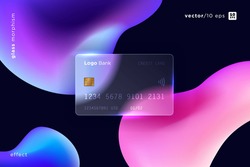 Vector image in the glass morphism style. Translucent bank card, frosted glass and abstract shapes. Place for your text.