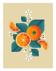 Ripe oranges with leaves and flowers. Illustration with grain and noise texture. 