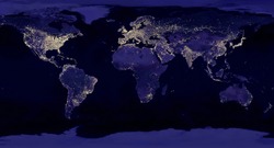Earth night view from space map with city lights satellite-based observations. 