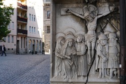 Jesus Christ Statue Relief In The Beautiful Historical Nuremberg City At Sunny Day. Historic Highlights of Germany. Nuremberg is the birthplace of Albrecht Duerer and Johann Pachelbel. 