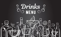 Vector outline hand drawn illustration with alcohol bottles and glasses with drinks on blackboard background. Menu design template