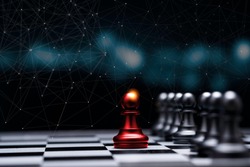 Red pawn chess stepped out of line to show different thinking ideas and leadership. Business technology change and disruption for new normal concept.