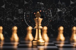 Golden king chess encounter with gold chess enemy on dark background and connection line for strategy idea and futuristic concept