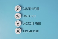 Badges: Gluten-free, sugar-free, lactose-free, GMO-free. A symbol of a healthy and clean product