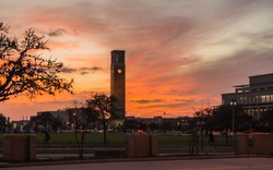 Sunset scene in Aggie land with bell tower icon