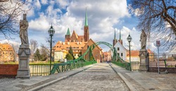 Panoramic view of renovated Tumski Bridge (Most Tumski) in Wroclaw, Poland