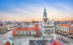 Poznan, Poland. Aerial view of Rynek (Market) square with small colorful houses and old Town Hall