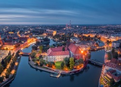 Aerial view of Wyspa Piasek (or Sand Island)  in the Odra river at dusk, Wroclaw, Poland