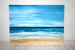 Drawing of bright blue sky, clouds over the sea. Picture contains interesting idea, evokes emotions, aesthetic pleasure. Canvas stretched on stretcher, oil natural paints. Concept art painting texture
