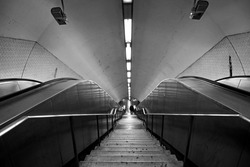subway station staircase in black and white 