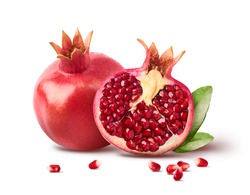 Fresh ripe pomegranate with green leaves isolated on white background. High resolution image