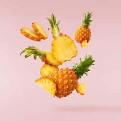 Flying in air fresh ripe whole and cut baby Pineapple with leaves isolated on pastel pink background. High resolution image