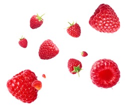 Fresh ripe raspberries flying in the air isolated on white background. Concept of food levitation, high resolution image
