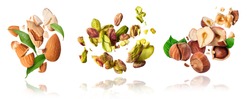 A set with Flying in air fresh raw whole and cracked pistachios, almonds and hazelnut isolated on white background. Concept of Pistachios almonds and hazelnut is torn to pieces close-up. 