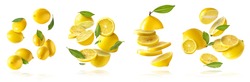 A creative set with Fresh raw whole and cut lemons with green leaves falling in the air isolated on white background. Food levitation or zero gravity conception. High resolution image