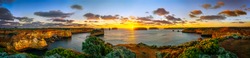panorama of sunset at bay of islands, great ocean road, victory, australia