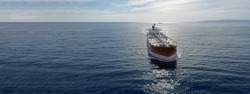 Aerial drone ultra wide photo with copy space of latest technology in safety standards crude oil tanker cruising Saronic Gulf deep blue sea, Greece