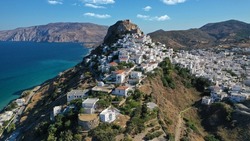 Aerial drone photo of breathtaking and picturesque main village of Skyros island featuring uphill medieval castle with scenic views to Aegean sea, Sporades islands, Greece