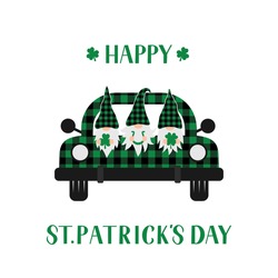 St. Patrick’s day retro truck with cute cartoon gnomes. Saint Patricks day greeting card. Green buffalo plaid pickup. Vector template for banner, poster, flyer, postcard, etc.