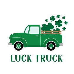 St. Patrick’s day retro truck delivers shamrocks. Saint Patricks day greeting card. Green vintage pickup. Vector template for banner, poster, flyer, postcard, etc.