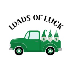 St. Patrick’s day retro truck with cute cartoon gnomes. Saint Patricks day greeting card. Loads of luck lettering. Vector template for banner, poster, flyer, postcard, etc.