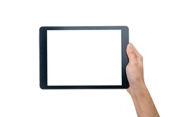 Technology Concept. One Hand Holding Tablet in Vertical axis with white screen and background and clipping path