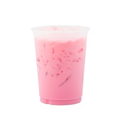 Thai style iced pink milk.Cold sweet drink Red Grenadien Sugar Syrup mix with milk and iced cube in plastic glass isolated on white background with clipping path