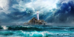Lighthouse in storm with big waves of tsunami