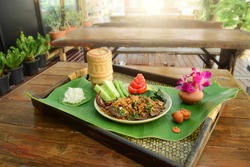 Spicy minced pork salad on banana leaf, Spicy minced pork salad with sticky rice, Thai food, (LARB)