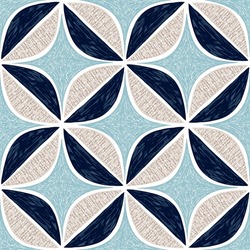 Circle diamond seamless textured patchwork pattern. Overlapping geometric stylish simple leaf shapes. Blue, navy, beige vintage geo mid century retro background 
