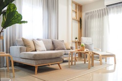 livingroom working area white and light wood tone interior house japanese style