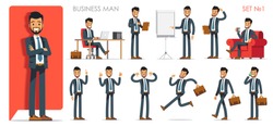 Set version №1 of businessman character with different poses and actions. Vector illustration flat design isolated on white background