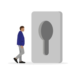 Male character looking through a huge keyhole on a white background
