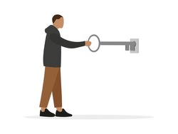 Male character sticking a huge key into the keyhole on a white background