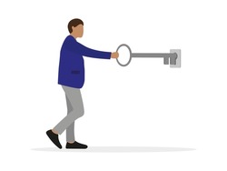 Male character sticking a huge key into the keyhole on a white background