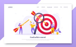 Goal achievement business concept sport target icon and arrow in the bullseye. Tiny people with magnifier glass vector web landing page template flat style design illustration.