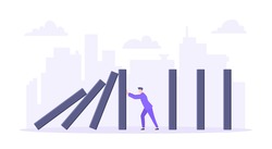 Domino effect or business resilience metaphor vector illustration concept. Adult young businessman pushing falling domino line business concept of problem solving and stopping chain reaction.
