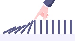 Domino effect business concept. Hand stops chain reaction of falling board game blocks of dominoes flat style vector illustration. Business bankruptcy or crisis, risk and finding solution metaphor.