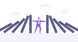 Domino effect or business resilience metaphor vector illustration concept. Adult young businessman pushing falling domino line business concept of problem solving and stopping chain reaction.