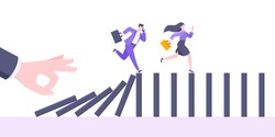 Domino effect or business cowardice metaphor vector illustration concept. Adult young business people run away from hand falling domino line business concept problem solving and danger chain reaction.