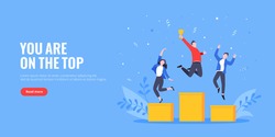 People standing on the podium rank first three places, jumps in the air with trophy cup. Employee recognition and competition award winner business concept flat style design vector illustration.
