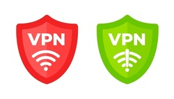 Wireless shield with text VPN and no VPN wifi icon sign flat design vector illustration. Wifi internet signal symbols in the security shield isolated on white background.