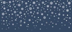 Hello, winter border, snow night. Falling snowflakes on dark blue background. Snowfall vector illustration.