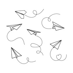 Vector set of hand drawn doodle paper airplane isolated on white background. Line icon symbol of travel and route. 