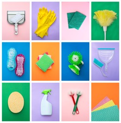 Collage of different cleaning items, like rubber gloves, cleaning spray bottle, brushes, sponges and broom, on an different coloured background